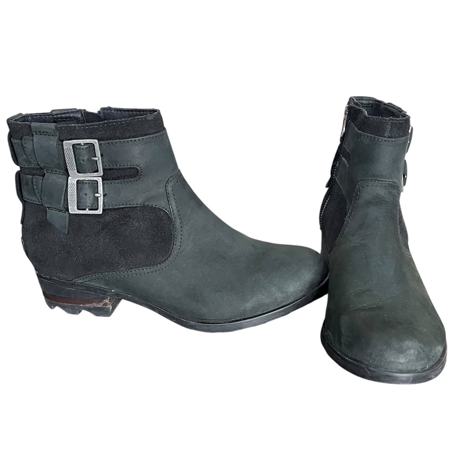 Sorel Lolla Ankle Bootie Black Suedeleather Side Zip Buckle Detail Women's 9